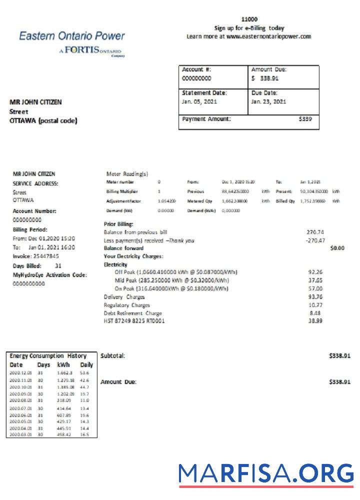 Realistic Canada Eastern Ontario Power utility bill example